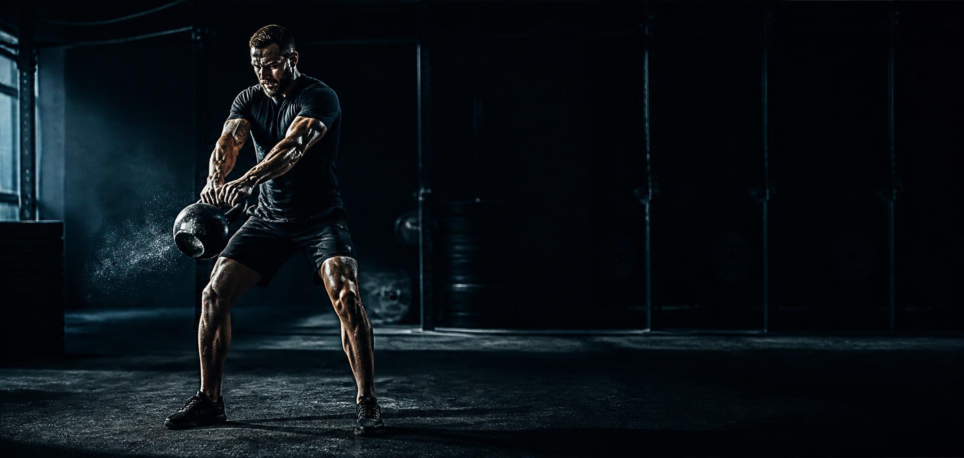 Athlete performing kettlebell swings in a dimly lit gym